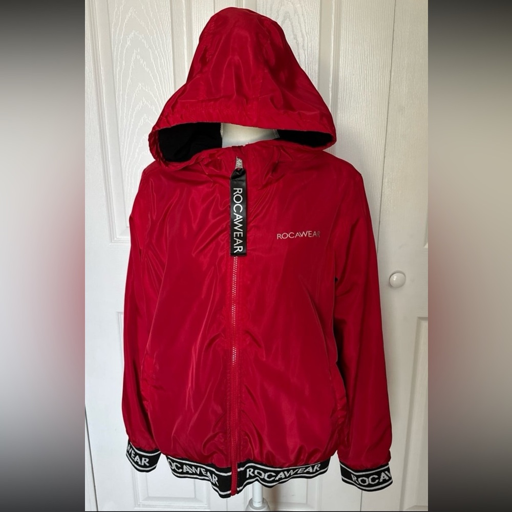 Rocawear Red Raincoat with Hood and Weather-Resistant Material women’s